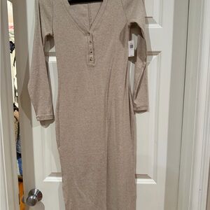 Old Navy Neutral Taupe Henley Midi Dress - Long Sleeve